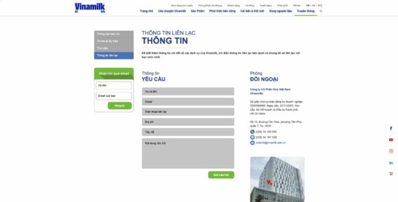 Liên hệ và hỗ trợ được tích hợp trong thiết kế website công ty Vinamilk