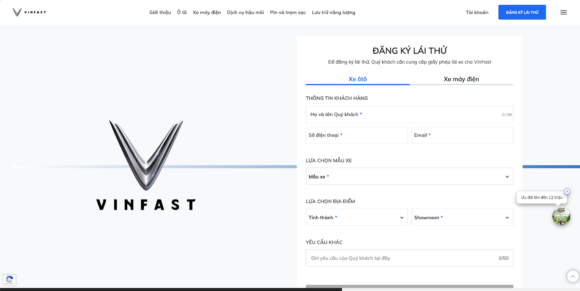 Biểu mẫu đăng ký lái thử trong thiết kế website công ty Vinfast