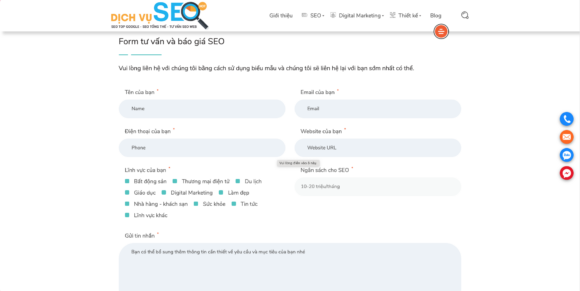 Biểu mẫu liên hệ trong thiết kế website công ty SEO Hot