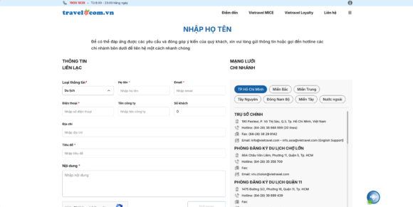 Thiết kế website Vietravel tích hợp biểu mẫu liên hệ 