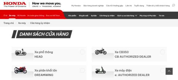 Danh sách ủy nhiệm trong thiết kế website công ty Honda