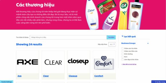 Danh mục nhãn hàng trong thiết kế website công ty Unilever