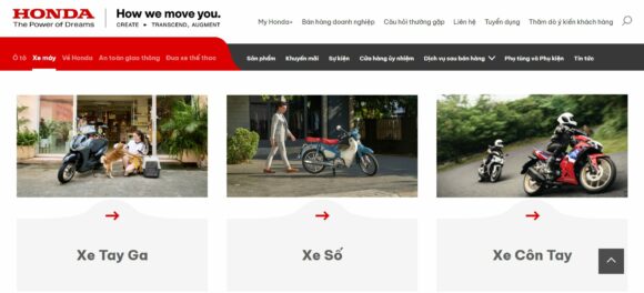 Danh mục sản phẩm trong thiết kế website công ty Honda