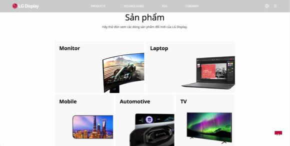 Danh mục sản phẩm trong thiết kế website công ty LG