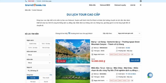 Giá tour trong thiết kế website Vietravel 