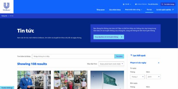Thiết kế website công ty Unilever cũng tích hợp mục tin tức