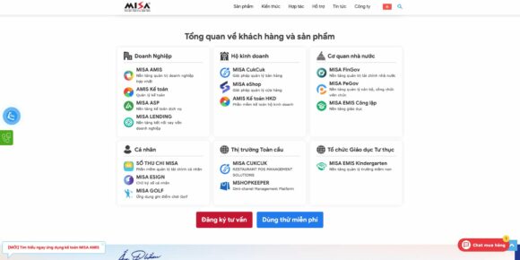 Danh mục sản phẩm trong thiết kế website Misa