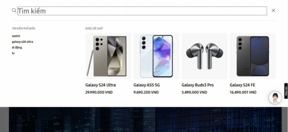 Thanh tìm kiếm tiện lợi trên thiết kế website công ty Samsung