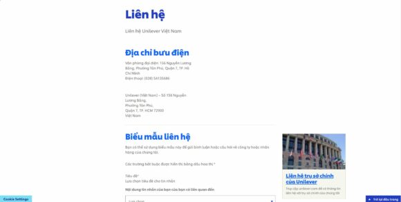 Trung tâm liên hệ trong thiết kế website công ty Unilever