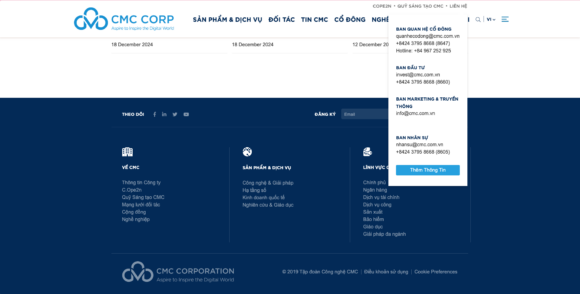 Thông tin hỗ trợ trong thiết kế website công ty CMC