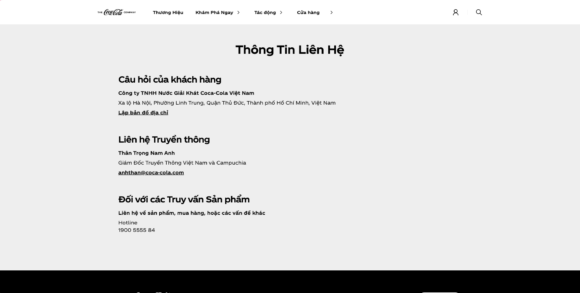 Thông tin liên hệ trong thiết kế website công ty Coca-Cola