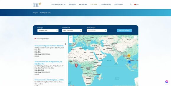 Tra cứu cửa hàng trên thiết kế website công ty TH True Milk